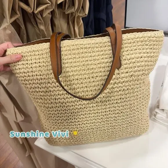 NWT Lauren RALPH LAUREN Crochet-Straw Medium Whitney Tote Natural/Lauren Tan - Picture 4 of 9